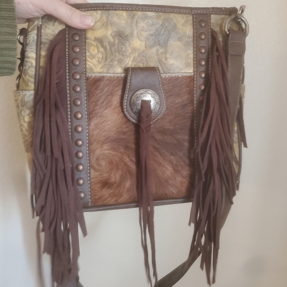 Montana West Trinity Ranch Hair-On Leather Fringe Floral Tooled Crossbody Bag. - Picture 2 of 16